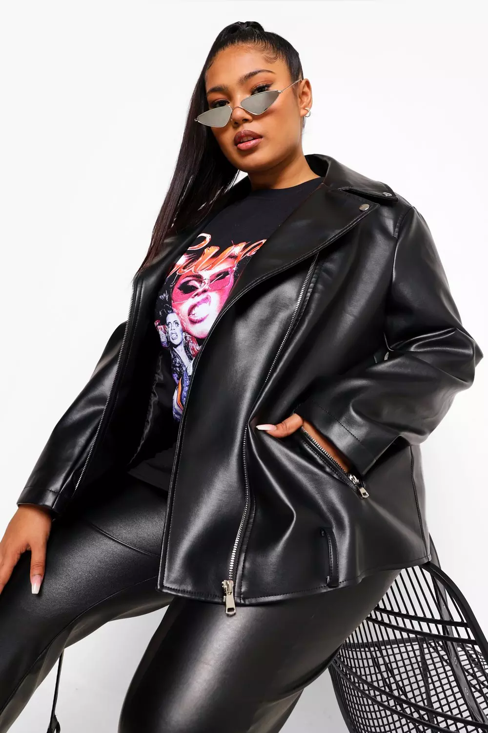 Plus size cheap leather look jacket