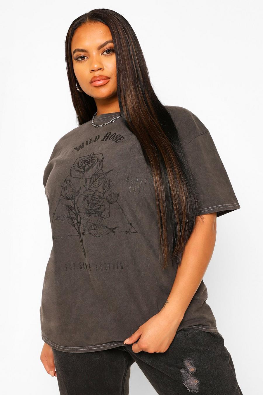 Grey Plus - Stentvättad t-shirt i boyfriendstil med rosor image number 1