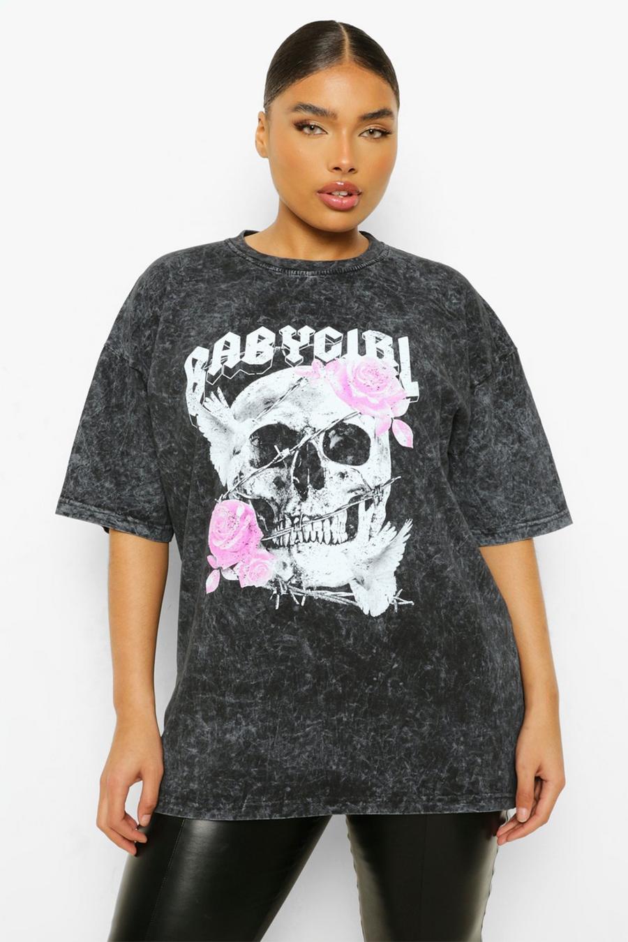 Grey Plus Skull Baby Girl Acid Wash Boyfriend T-Shirt image number 1