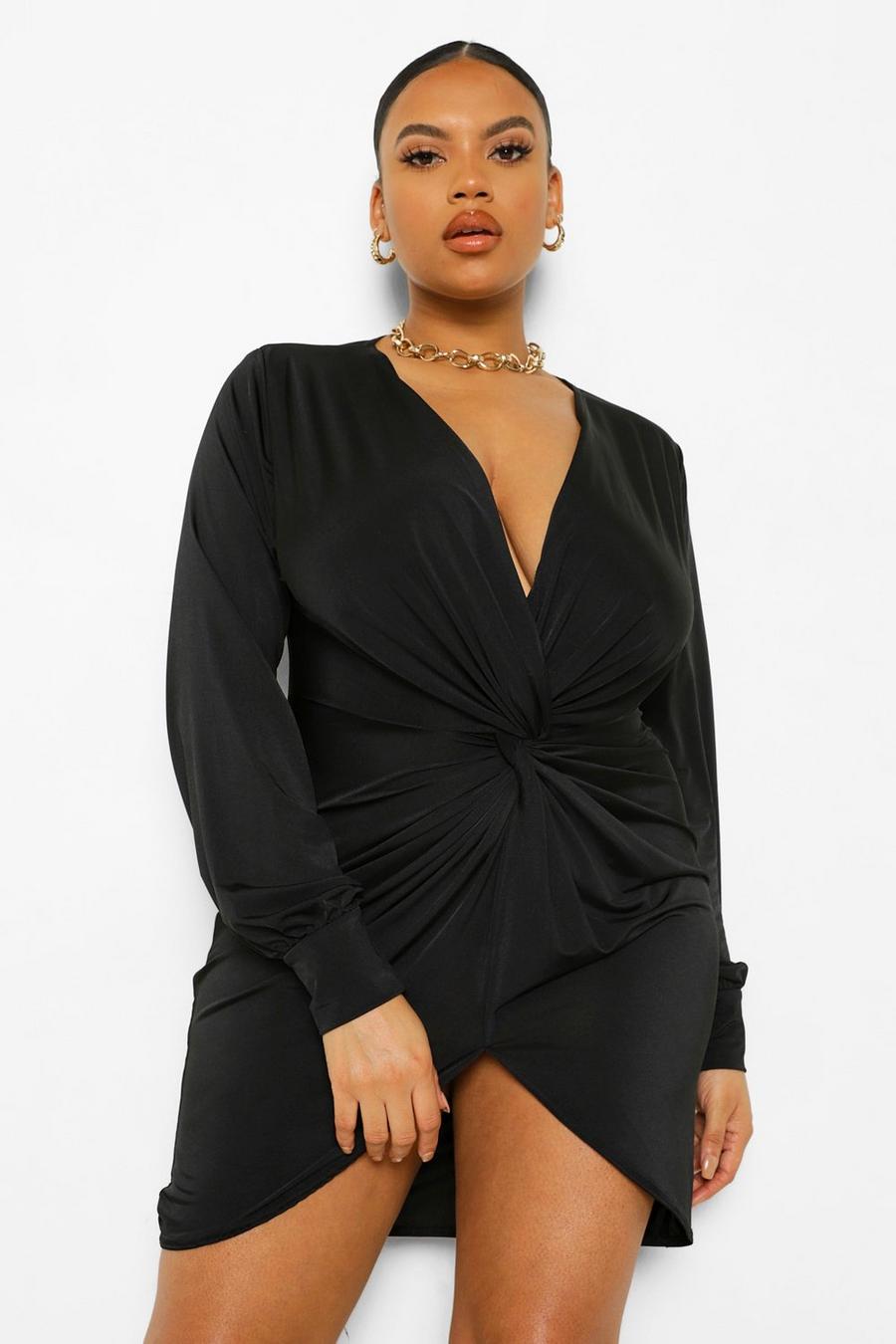 Plus Mini-Kleid mit Twist-Front und tiefem Ausschnitt, Schwarz image number 1