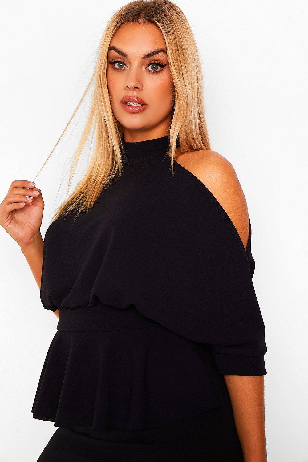 Plus Open Shoulder Peplum Midi Dress