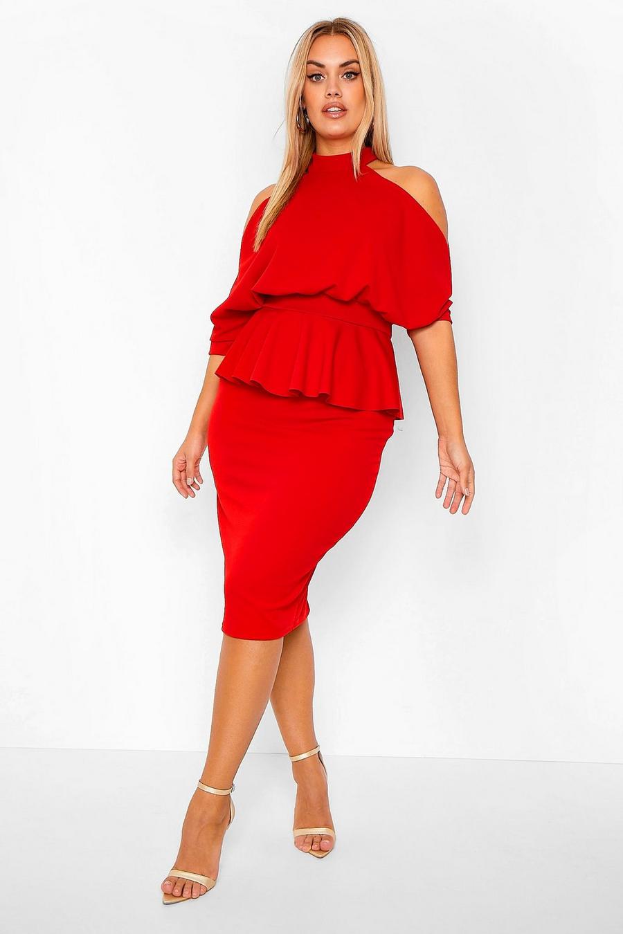 Red שמלת פפלום מידי כתפיים חשופות מידות גדולות