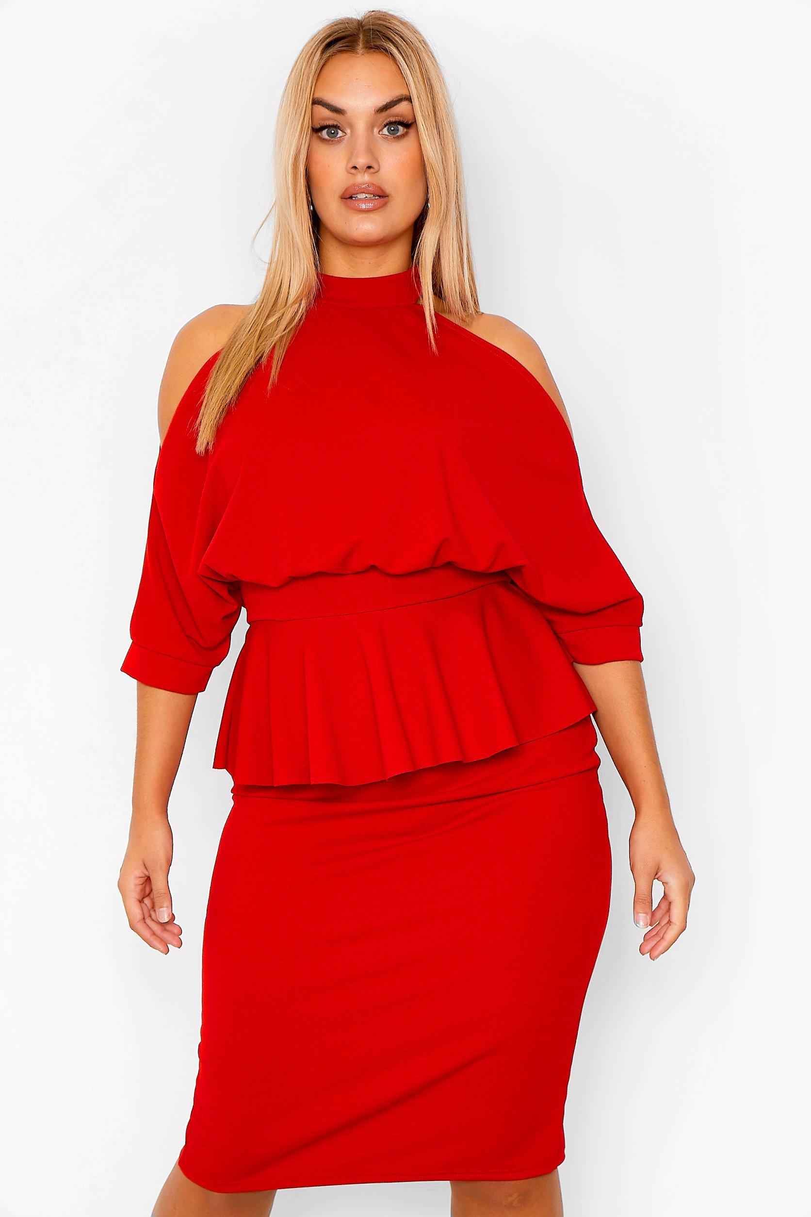 Red open shoulder hot sale dress