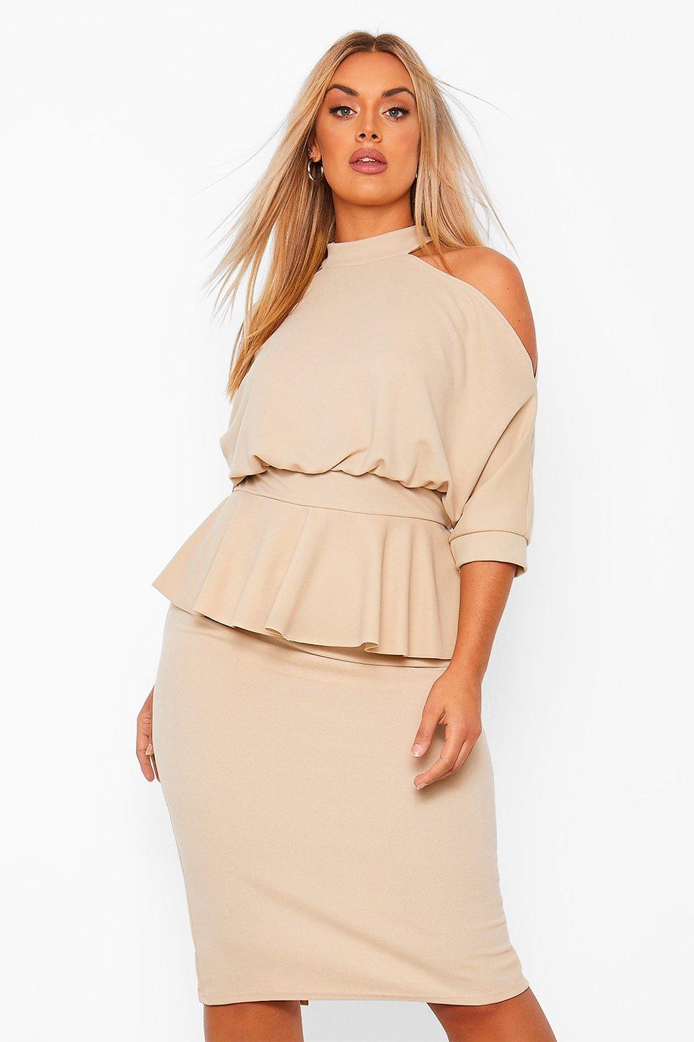 Plus Open Shoulder Peplum Midi Dress ...