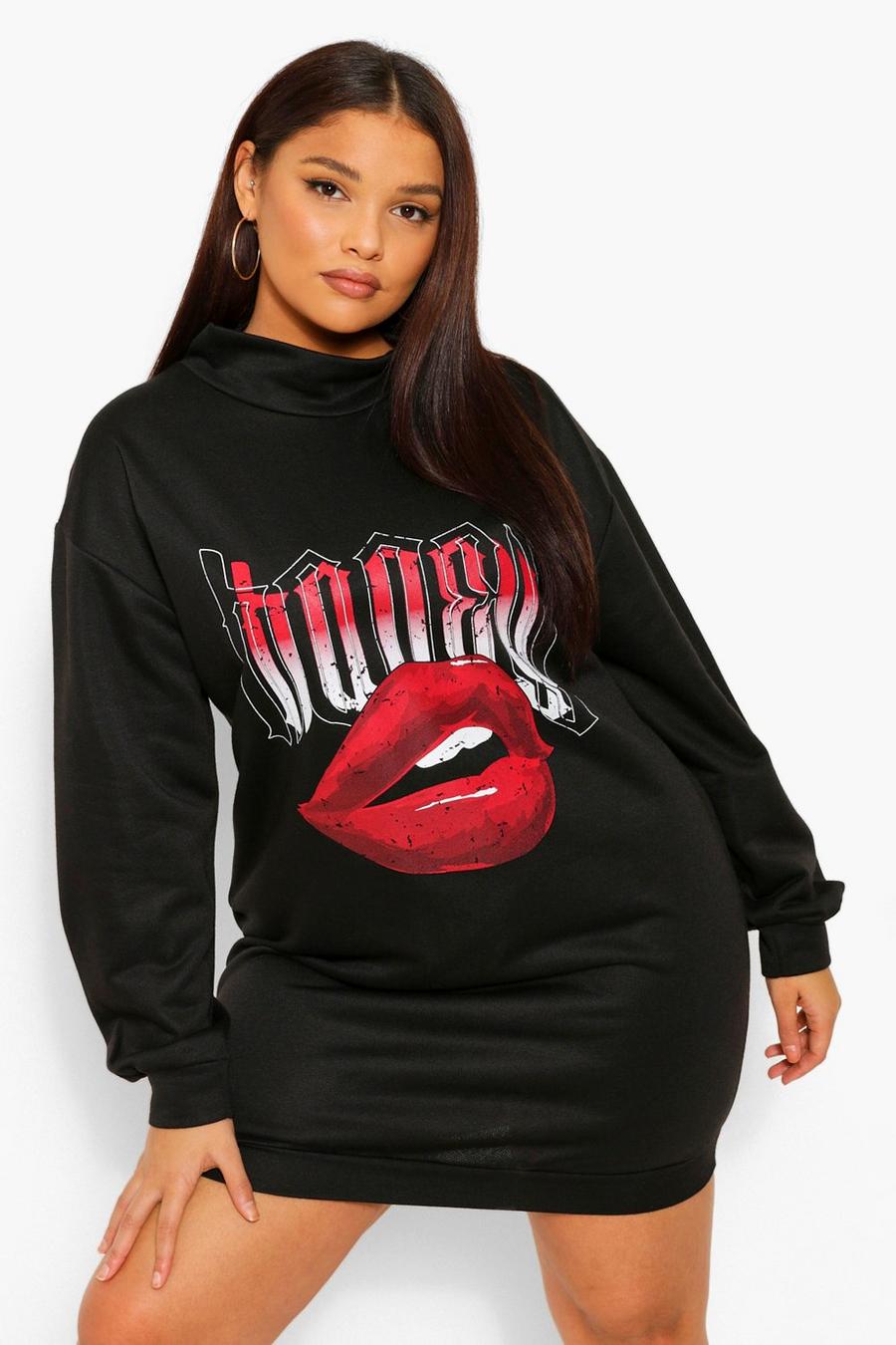Black Plus - Sweatshirtklänning i boyfriendstil med hög krage och slogan image number 1