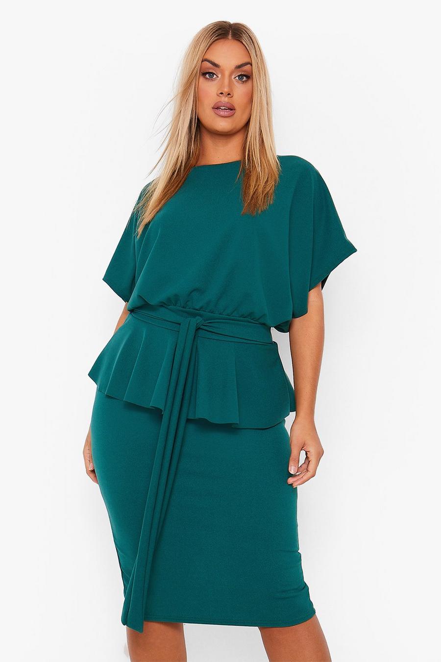 Emerald green Plus Slash Neck Peplum Dress image number 1