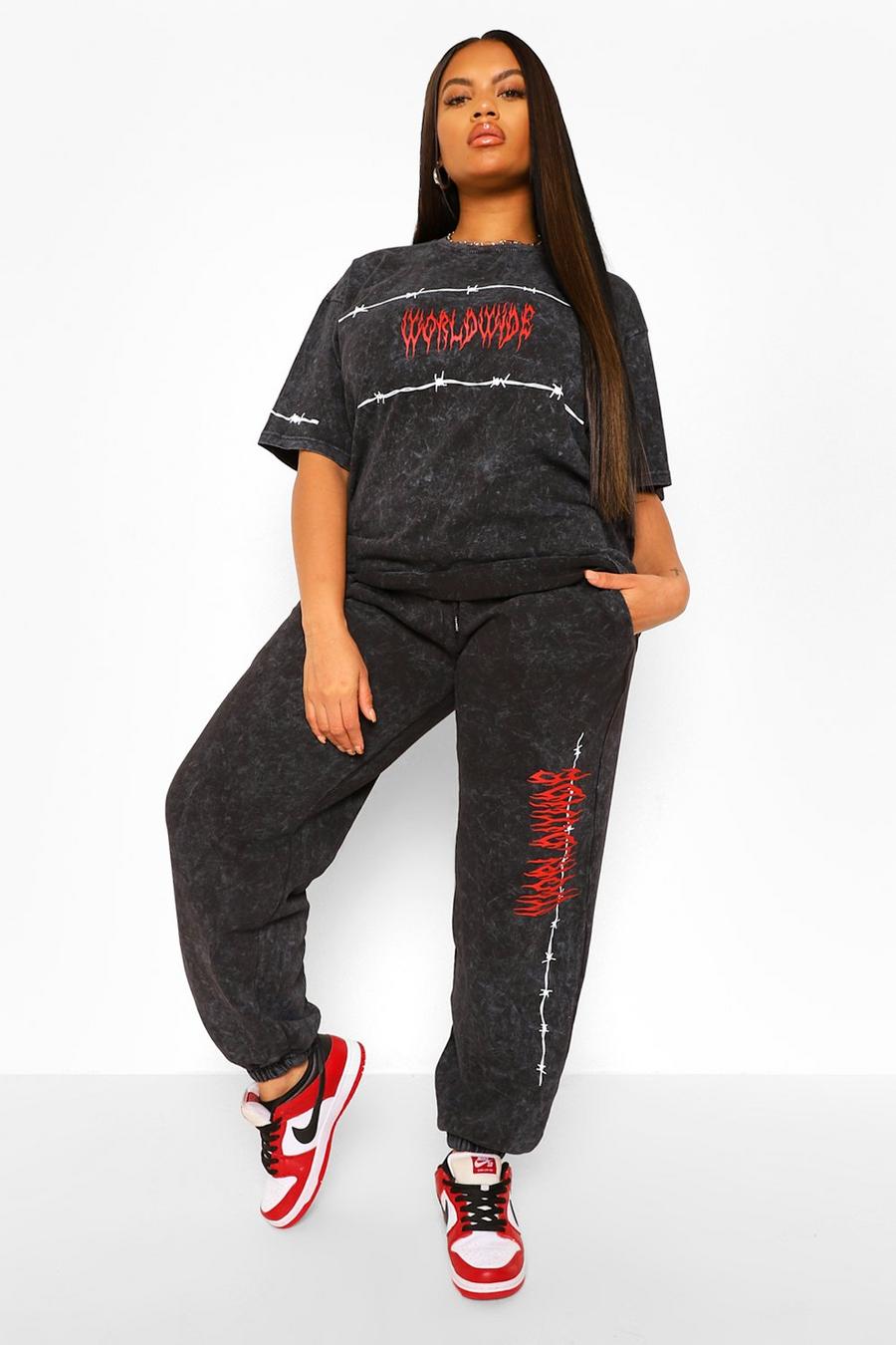 Charcoal Plus Worldwide Barbed Wire Acid Wash Track Pants image number 1