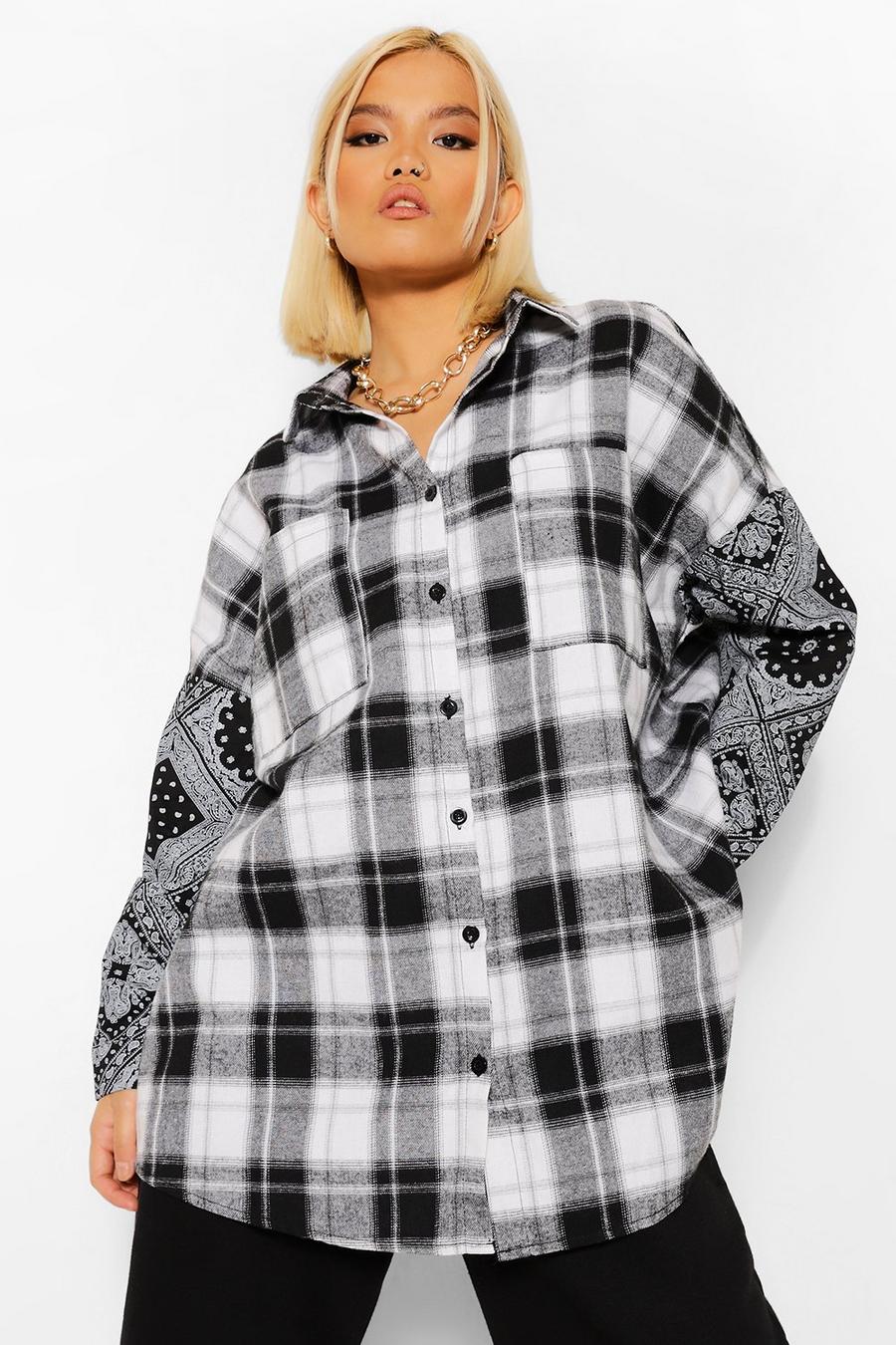 Black Petite Bandana & Flannel Print Oversized Shirt image number 1