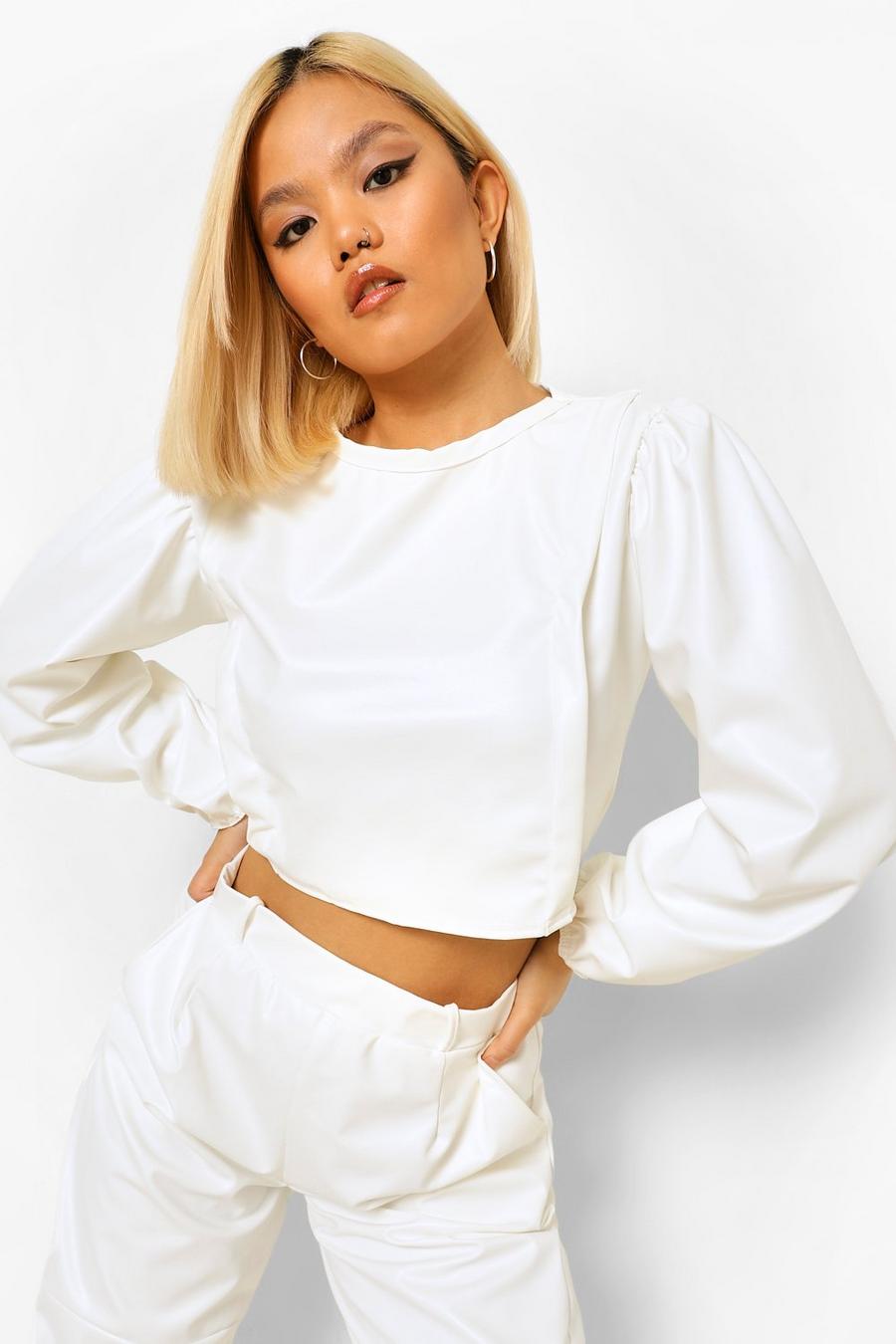 Cream Petite Pu Balloon Sleeve Faux Leather Crop Top image number 1
