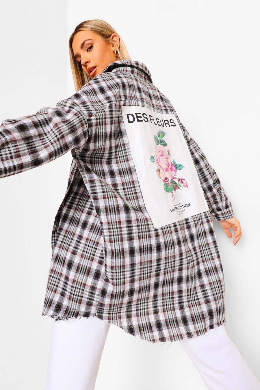 Camicia a quadri oversize Petite con stampa di rosa sul retro image number 1