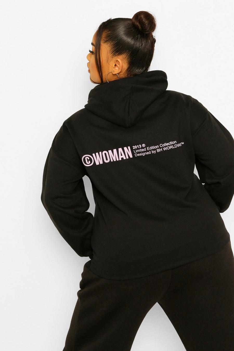 Sudadera con capucha y estampado de Woman en la espalda Plus, Negro image number 1