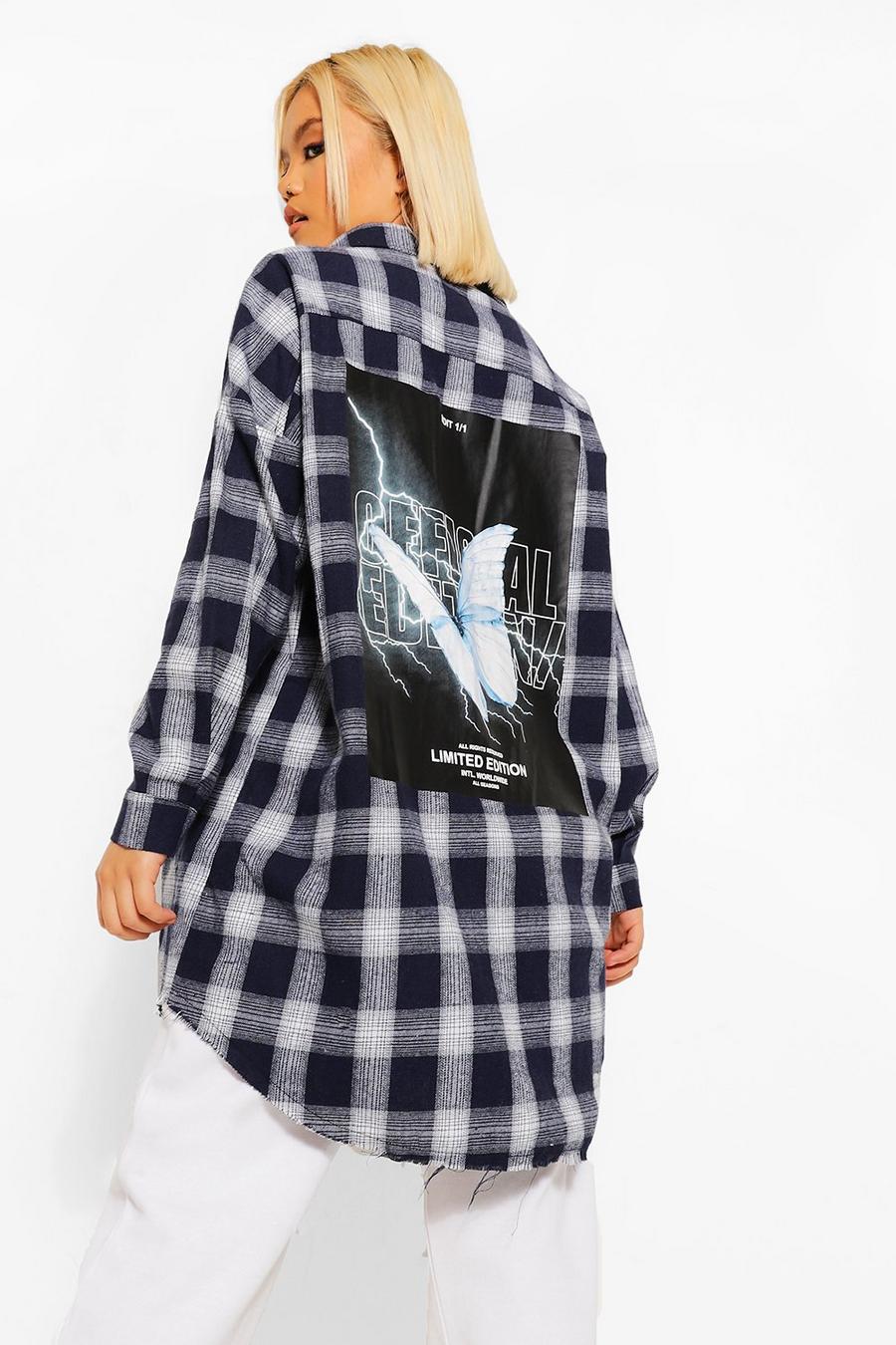 Black Petite Oversized Butterfly Back Print Check Shirt image number 1