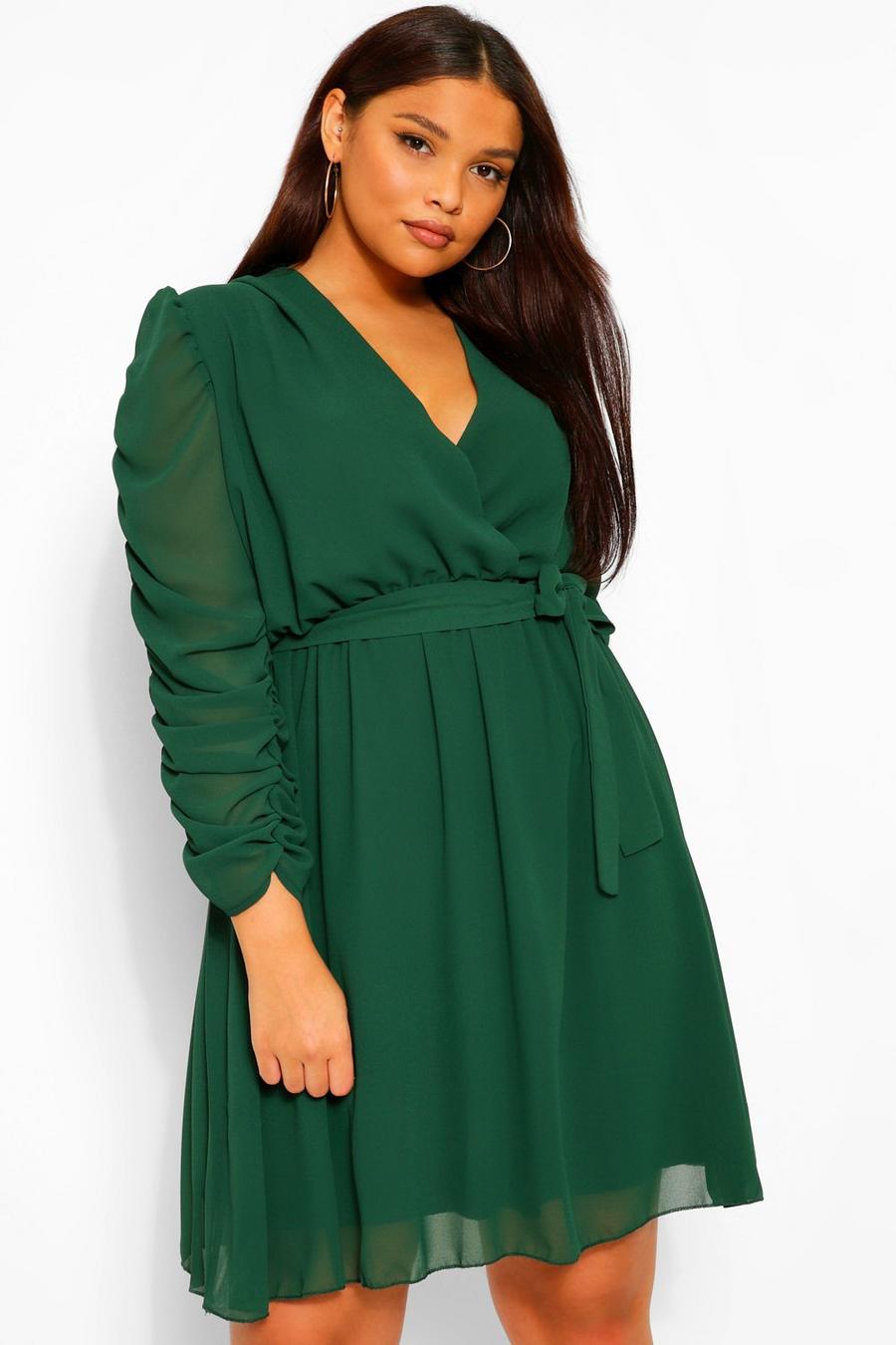 Forest green Plus Ruched Sleeve Wrap Skater Dress image number 1