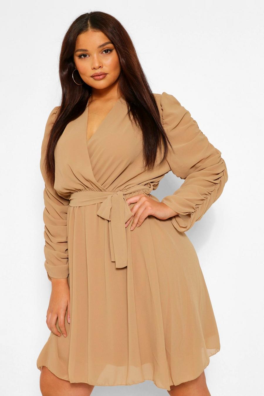 Stone beige Plus Ruched Sleeve Wrap Skater Dress image number 1