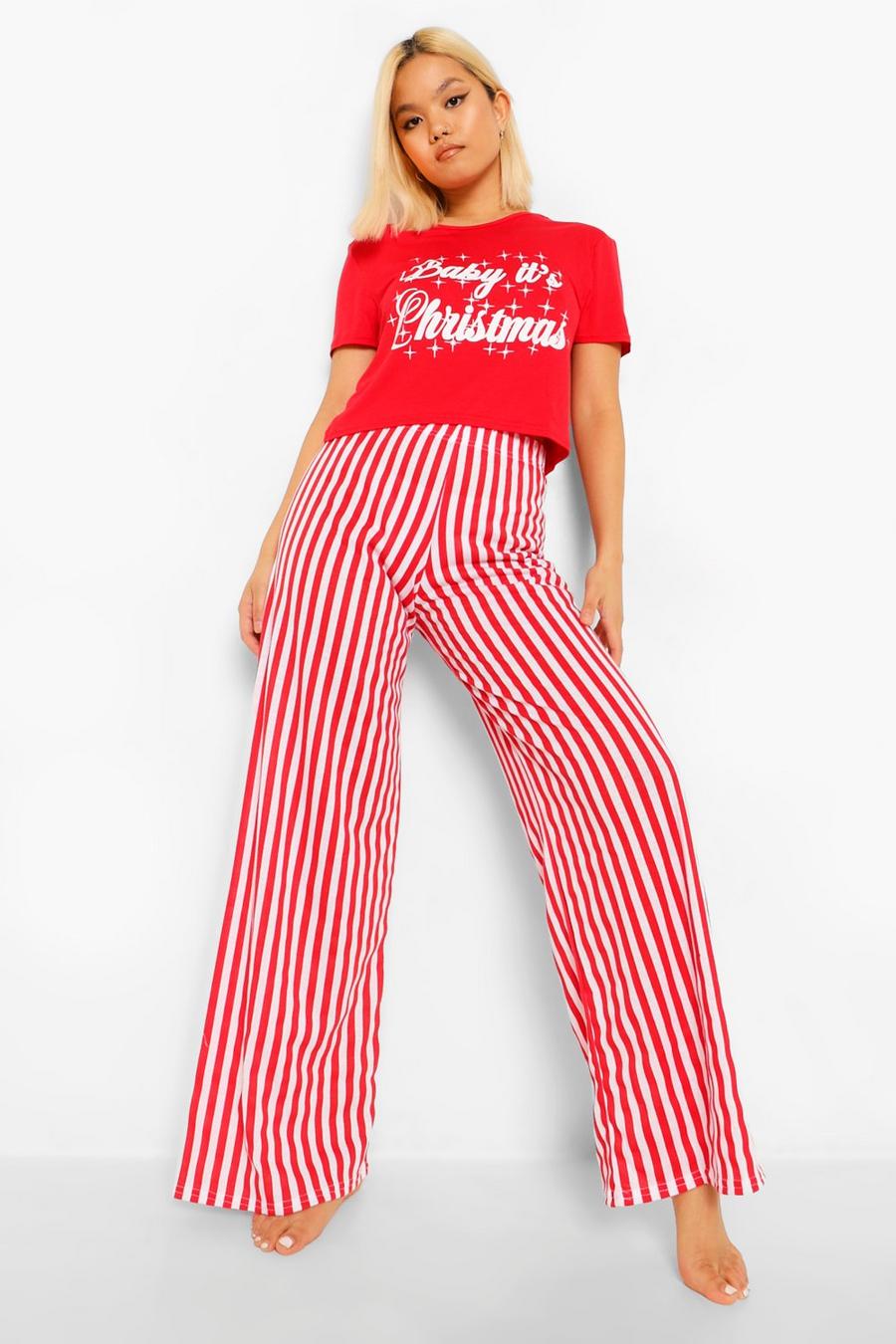אדום סט מכנסי פיג'מה פטיט בגזרה רחבה עם כיתוב Baby Its Christmas image number 1