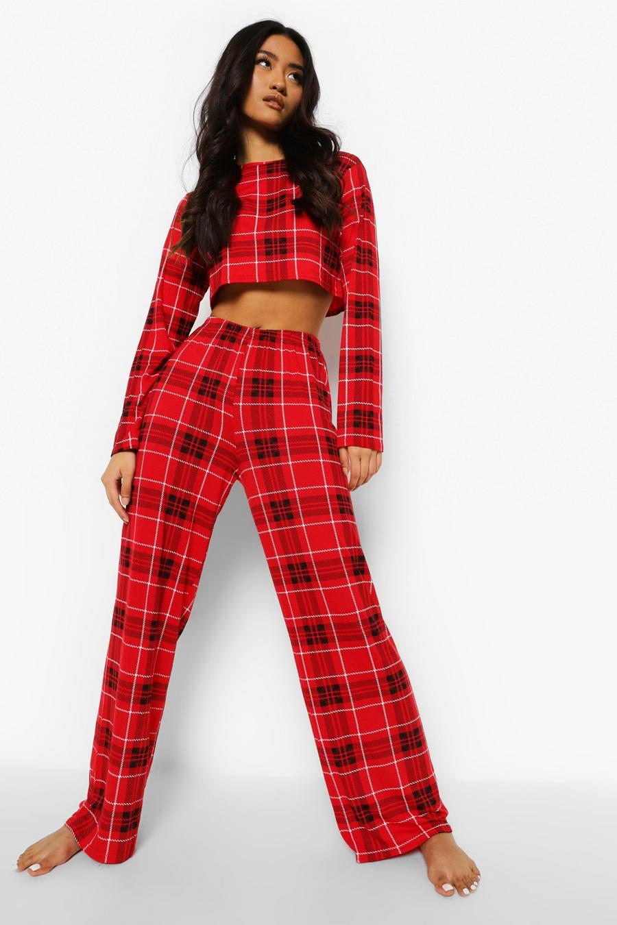 Red Petite Check Long Sleeve Crop Top And Trouser Pj Set image number 1