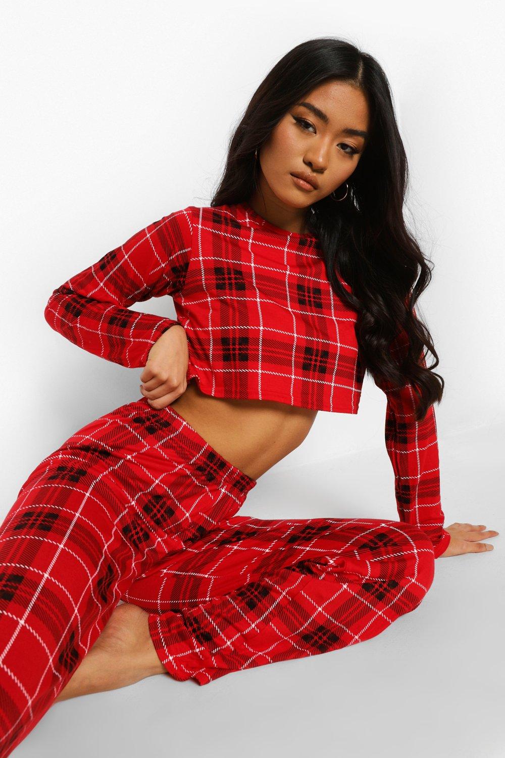 Women's Crop Top Pajama Set, Women's Plaid Pajamas Set