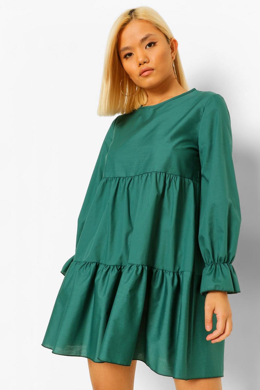 Bottle green Petite Woven Flare Cuff Smock Dress image number 1