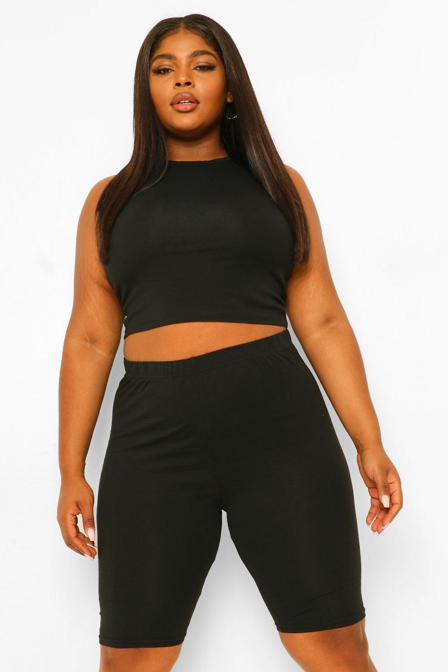 Black Plus High Neck Racer Crop And Cycling Short Set image number 1