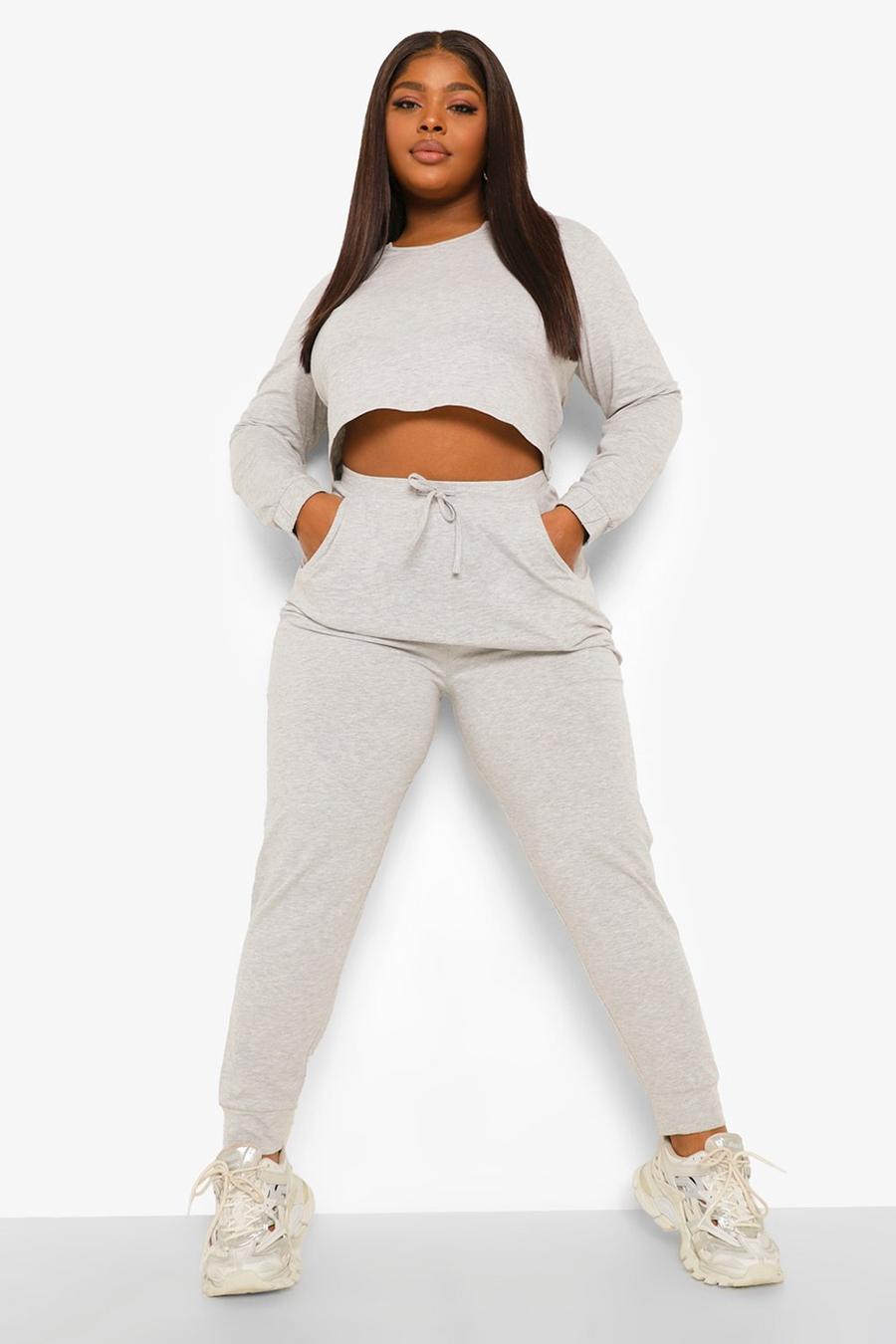 Grey marl Plus Notch Front Crop And Jogger Set image number 1