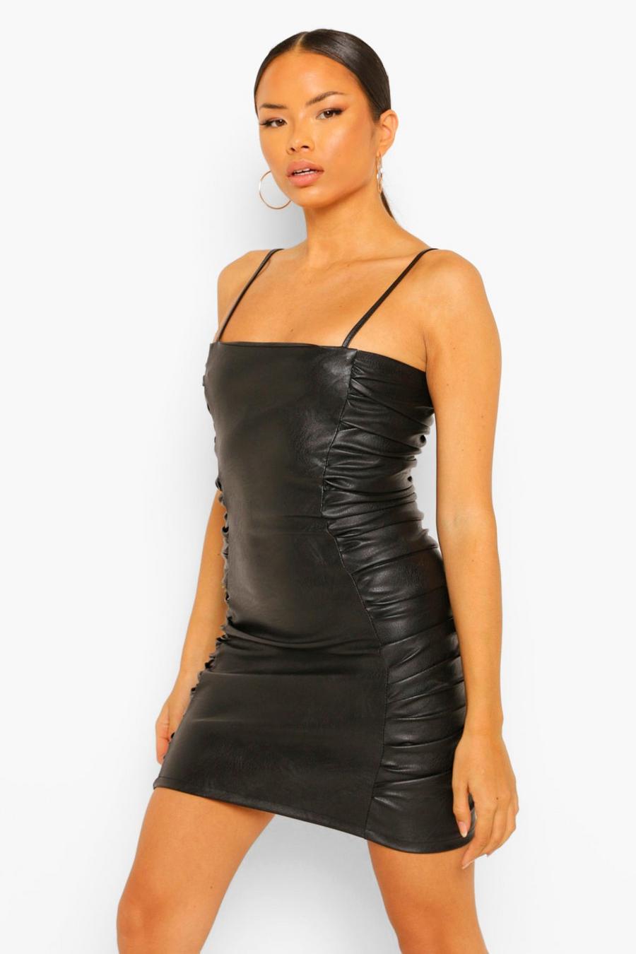 Petite Mini-Kleid aus PU mit seitlicher Raffung, Schwarz image number 1