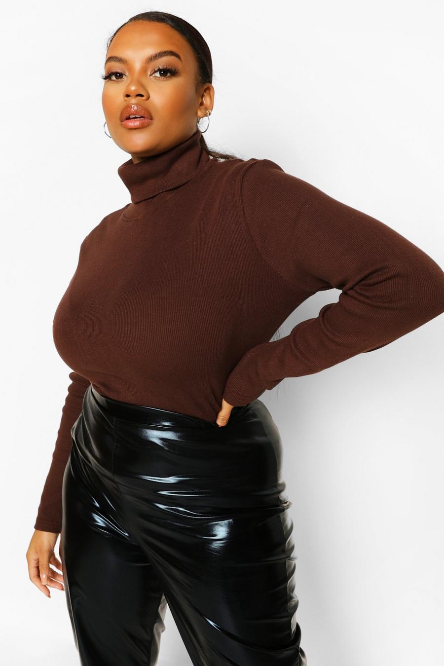 Chocolate Plus Rib Knit High Neck Jumper image number 1