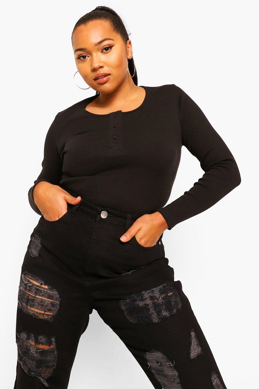 Plus Rib Knit Buttoned Long Sleeve Bodysuit image number 1