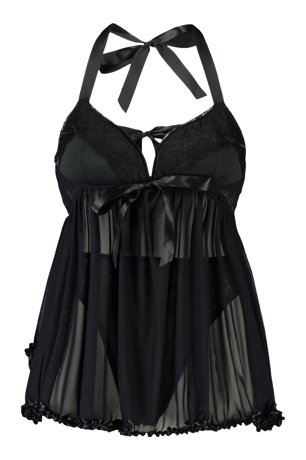 Ruffle-trimmed Satin Nightgown - Black - Ladies