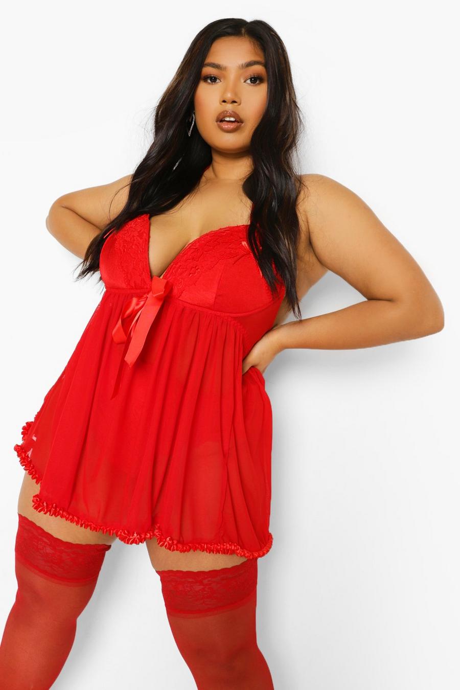 Red Plus Open Back Ruffle Trim Babydoll image number 1