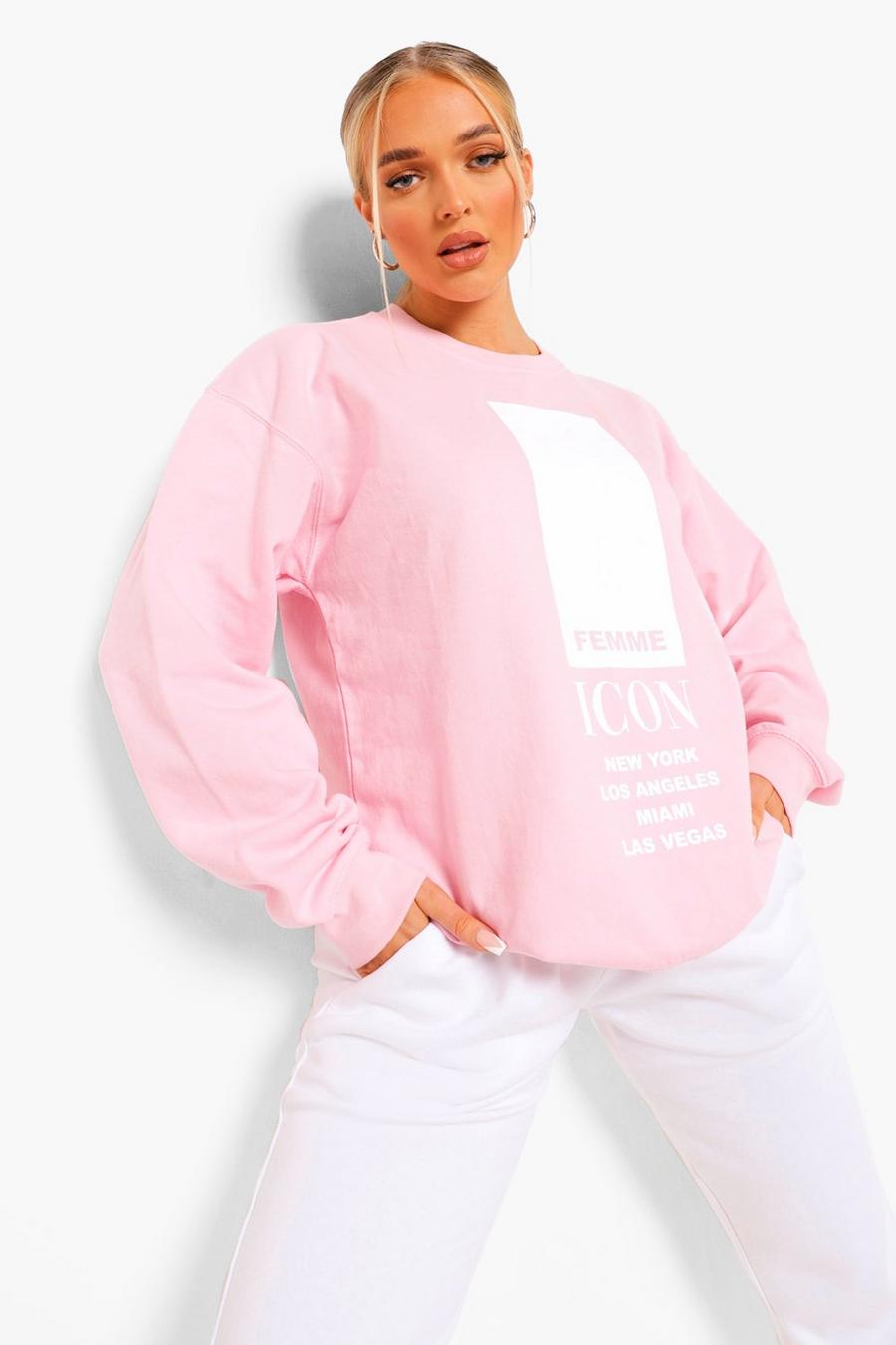 Petite Sweatshirt in Übergröße mit „Femme Icon“-Print, Babyrosa image number 1
