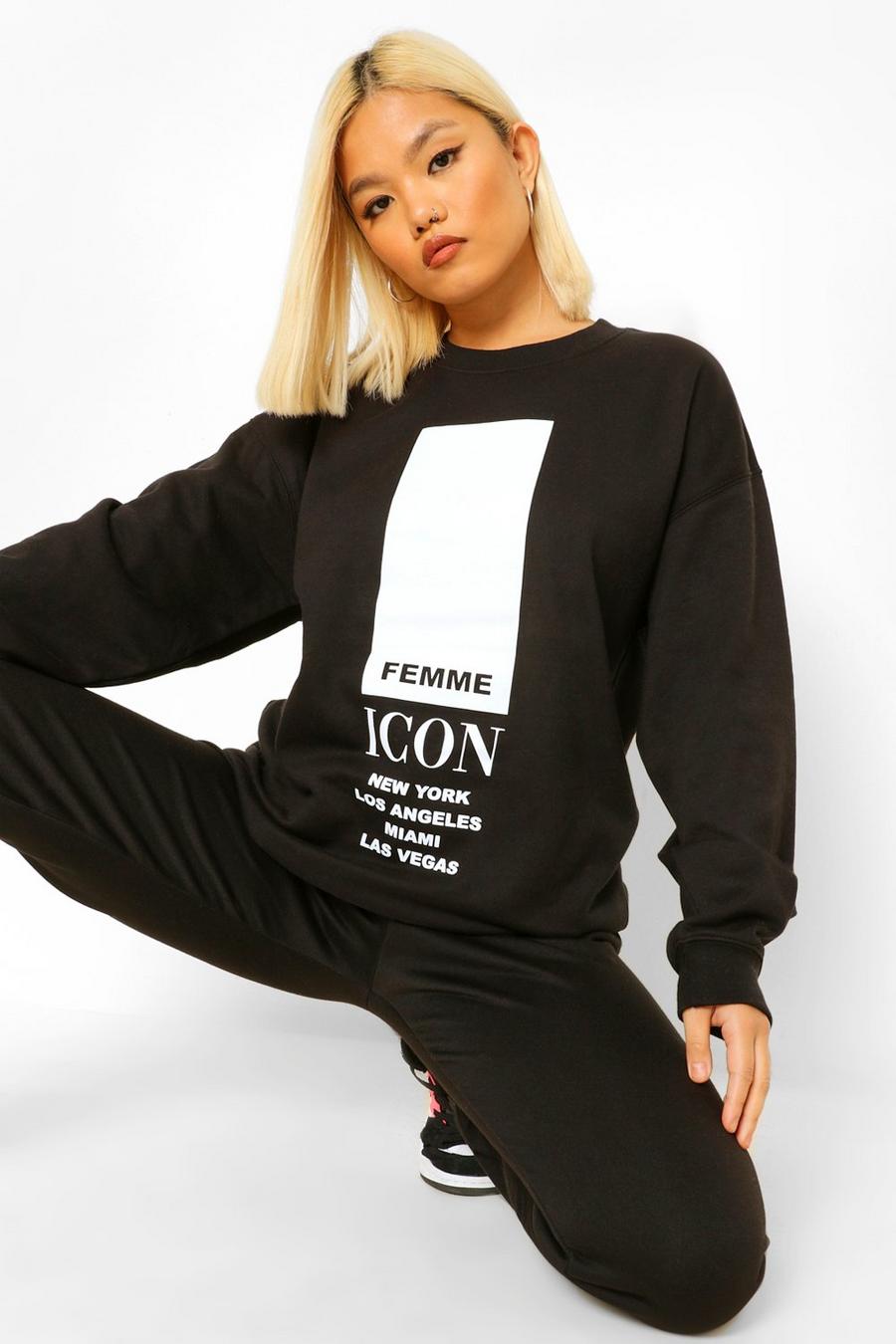 Petite Sweatshirt in Übergröße mit „Femme Icon“-Print, Schwarz image number 1