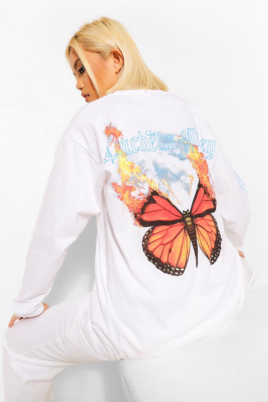 White Petite Butterfly Printed Long Sleeve T-shirt image number 1