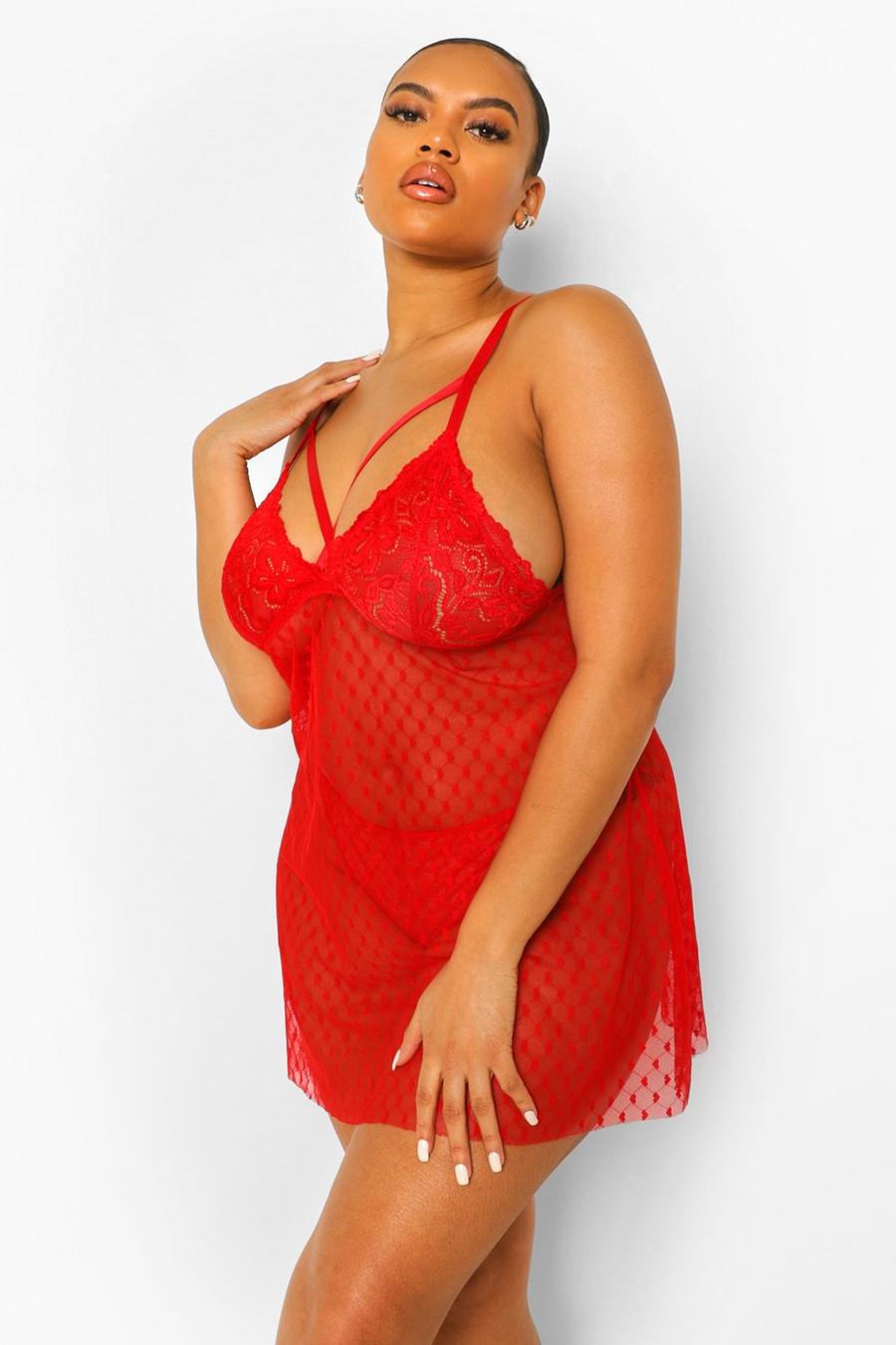 Babydoll Plus Size in rete a cuori, Rosso image number 1