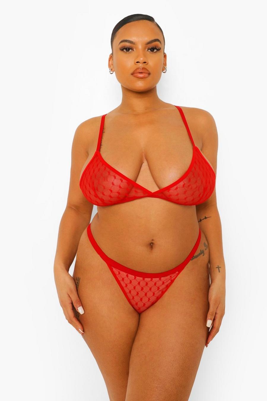 Red Plus Mesh Heart Bra and Knickers Set image number 1