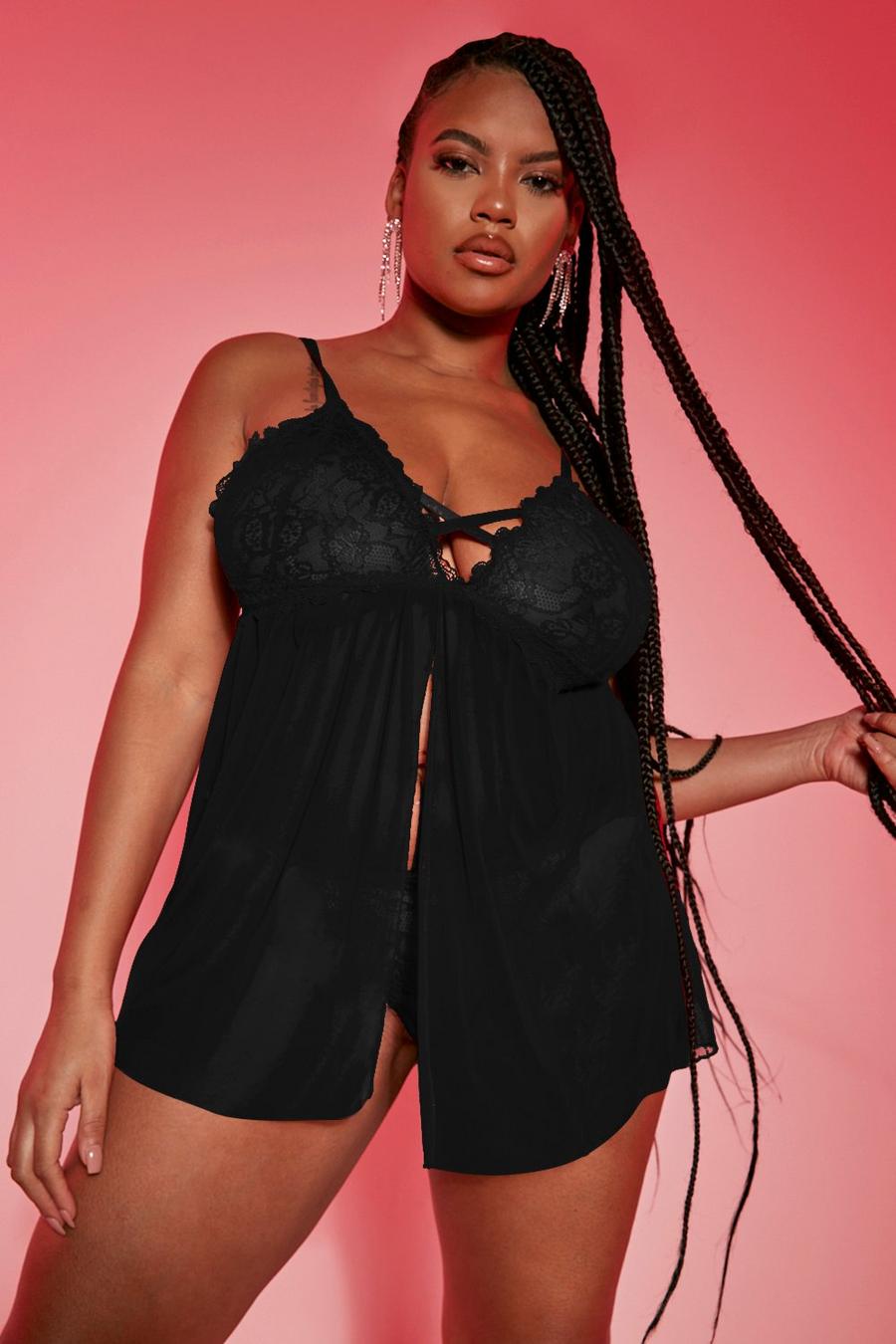 Black Plus Cross Front Lace And Mesh Babydoll image number 1