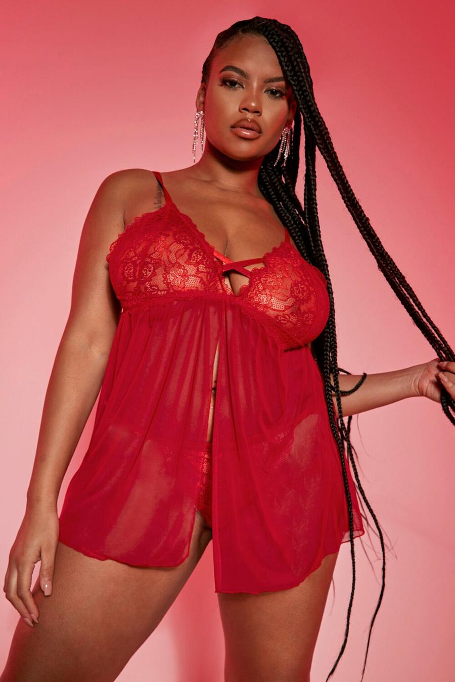 Red Plus Cross Front Lace And Mesh Babydoll image number 1