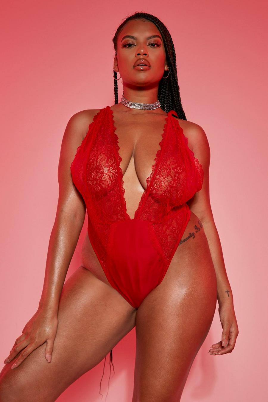 Red Plus Lace Plunge Low Back Bodysuit image number 1