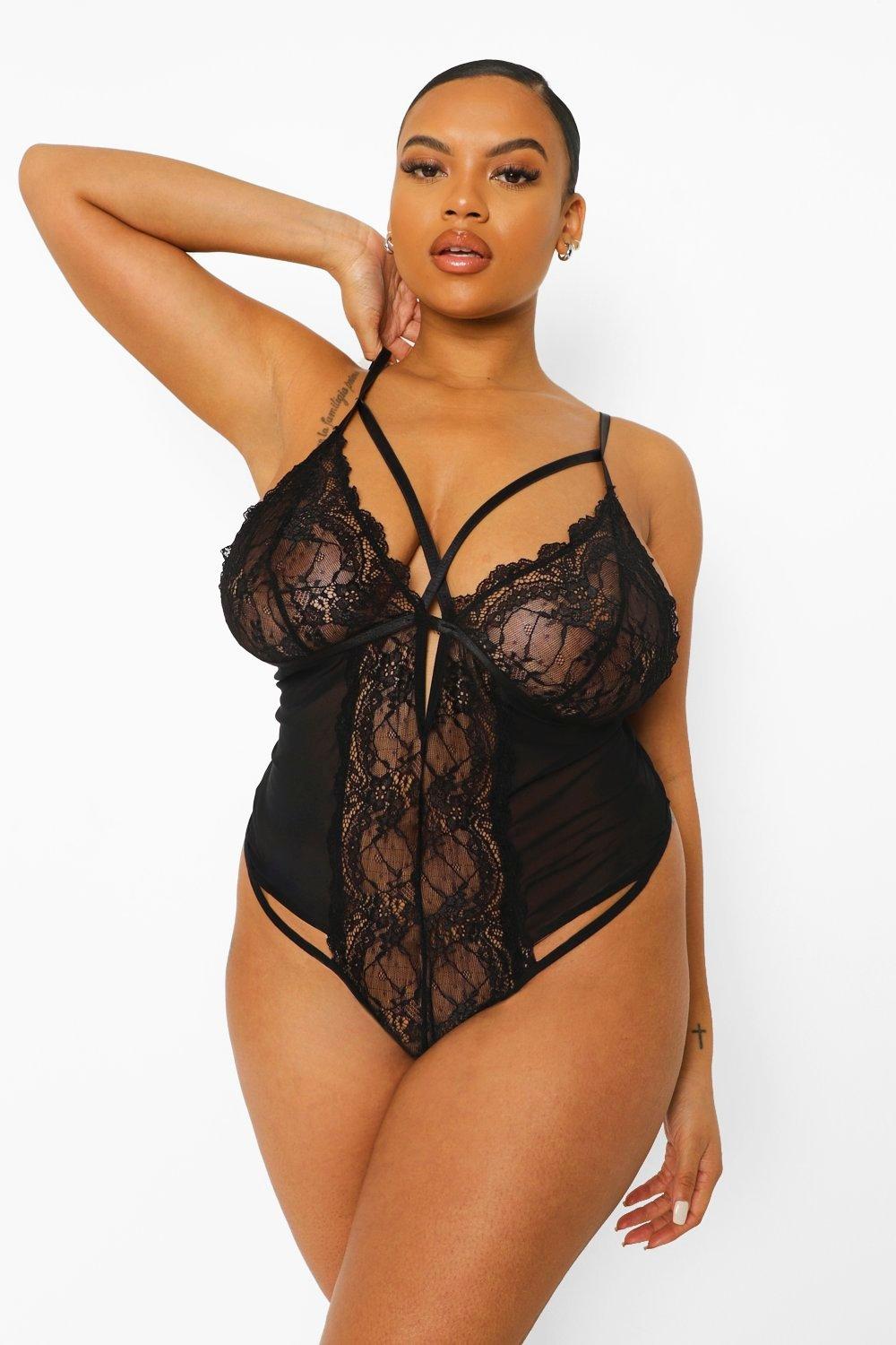 Plus Black Woven Cross Front Underwired Bodysuit