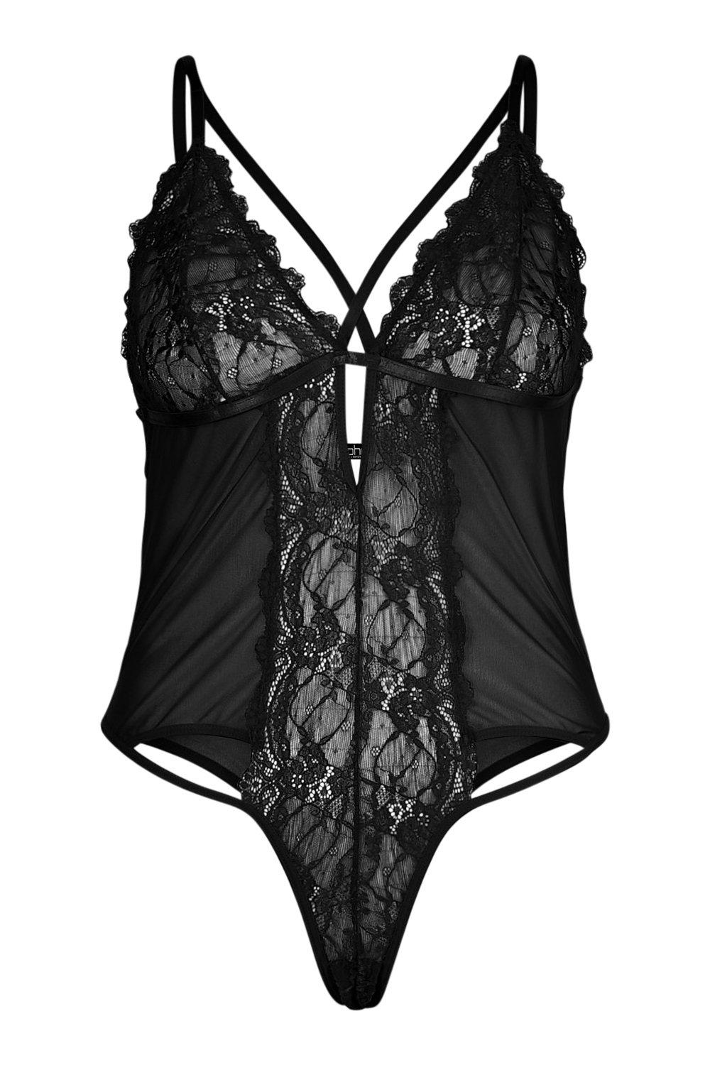 Plus Black Woven Cross Front Underwired Bodysuit