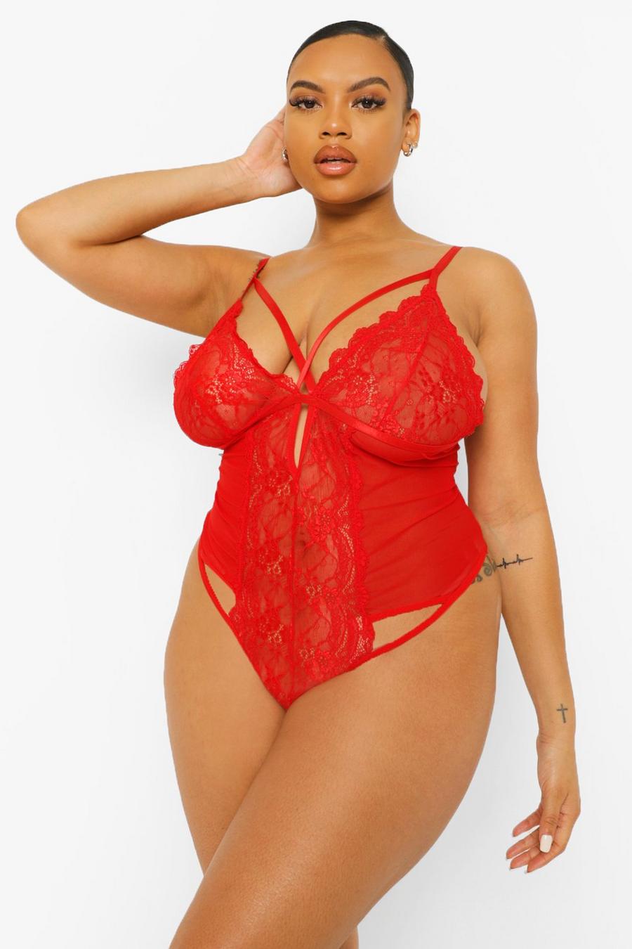 Red Plus Cross Front Lace Cup Bodysuit image number 1