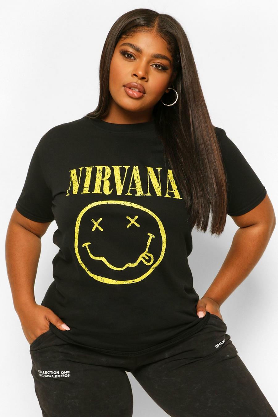 Black Plus Oversize Nirvana T-shirt med tryck och smiley image number 1
