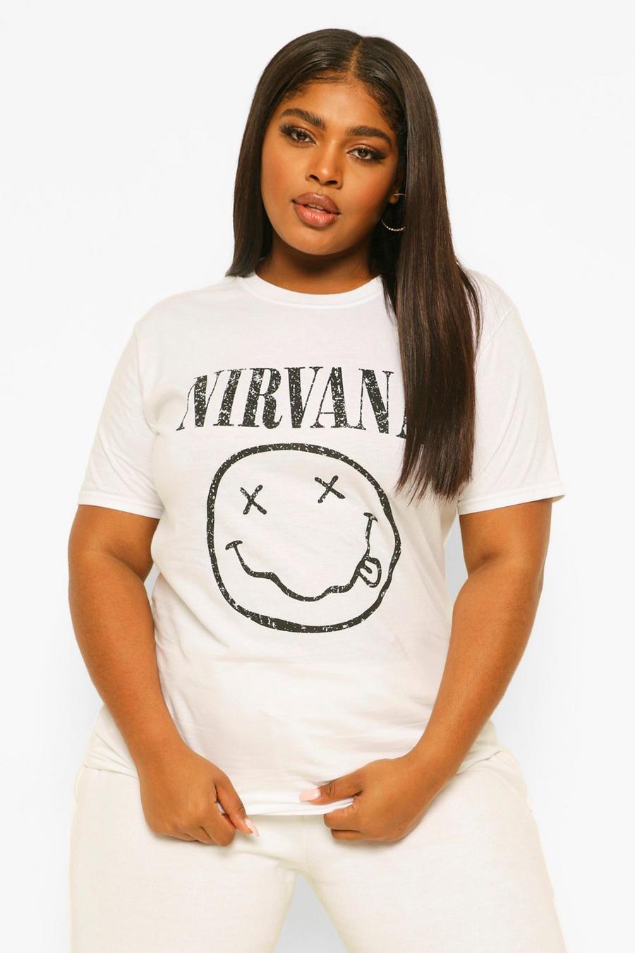 White Plus Oversize Nirvana T-shirt med tryck och smiley image number 1