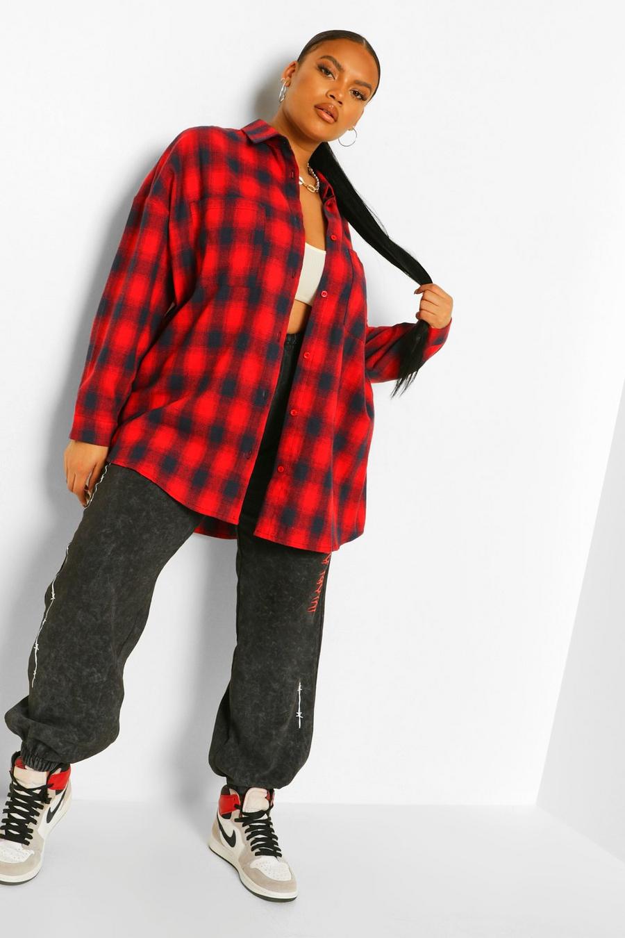 Red Plus Check Oversized Boyfriend Shirt image number 1