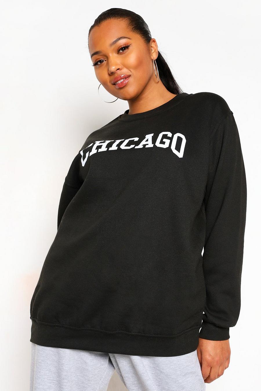 Plus Sweatshirt in Übergröße mit „Chicago“-Print, Schwarz image number 1