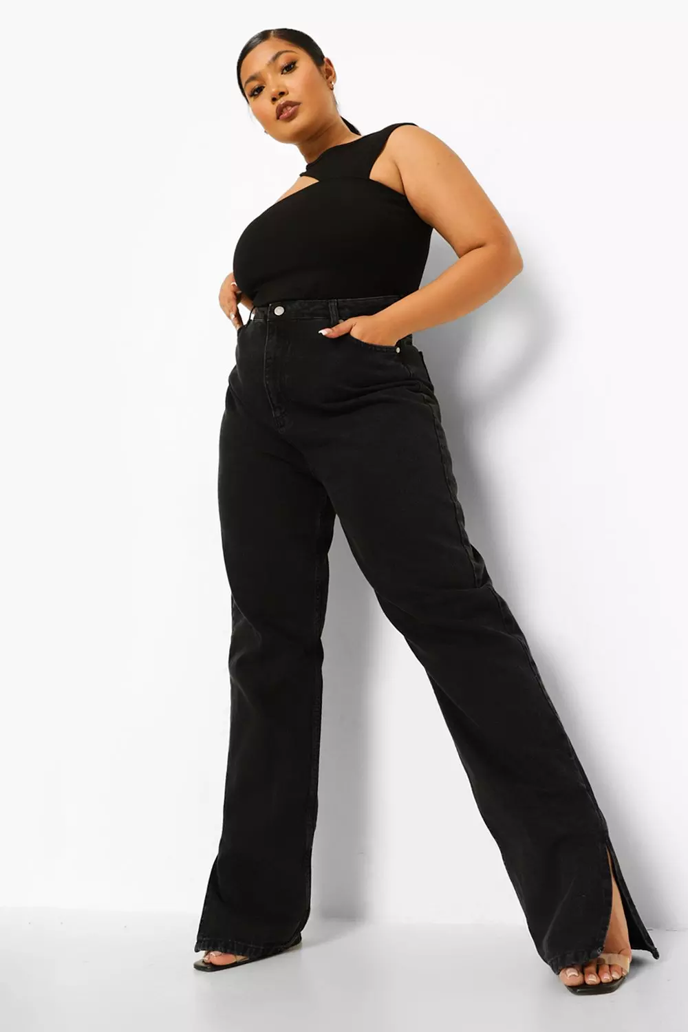 Plus Size Black Side Split Straight Leg Jeans