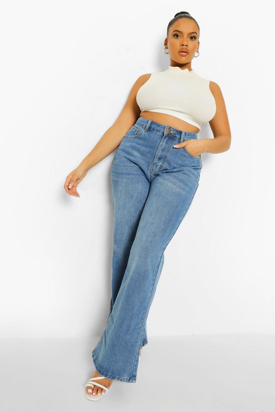 Mid blue Plus Basic Stretch Wide Leg Jeans image number 1