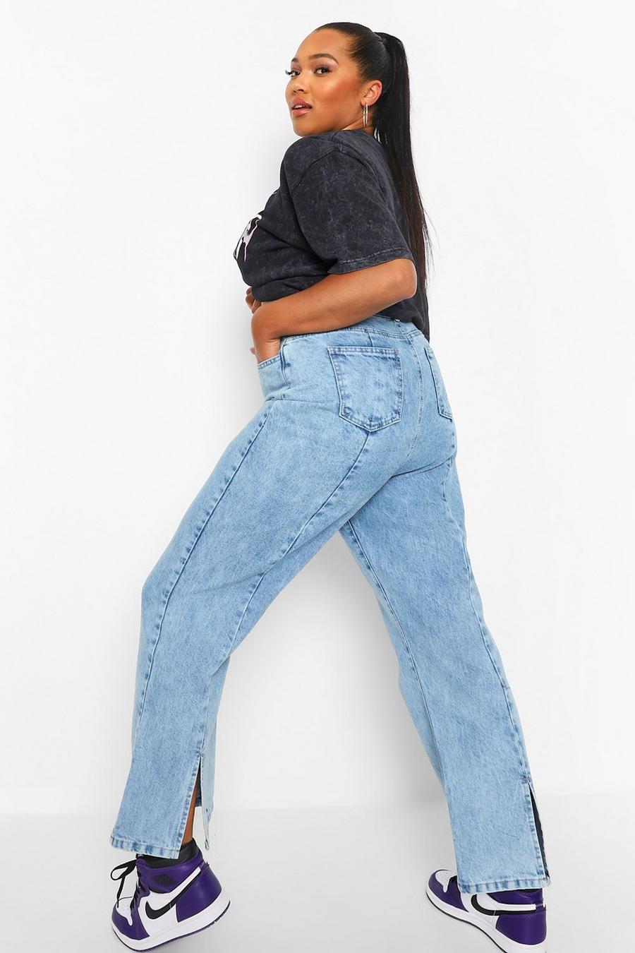 Mid blue Plus - Stentvättade jeans med raka ben och slitsar image number 1