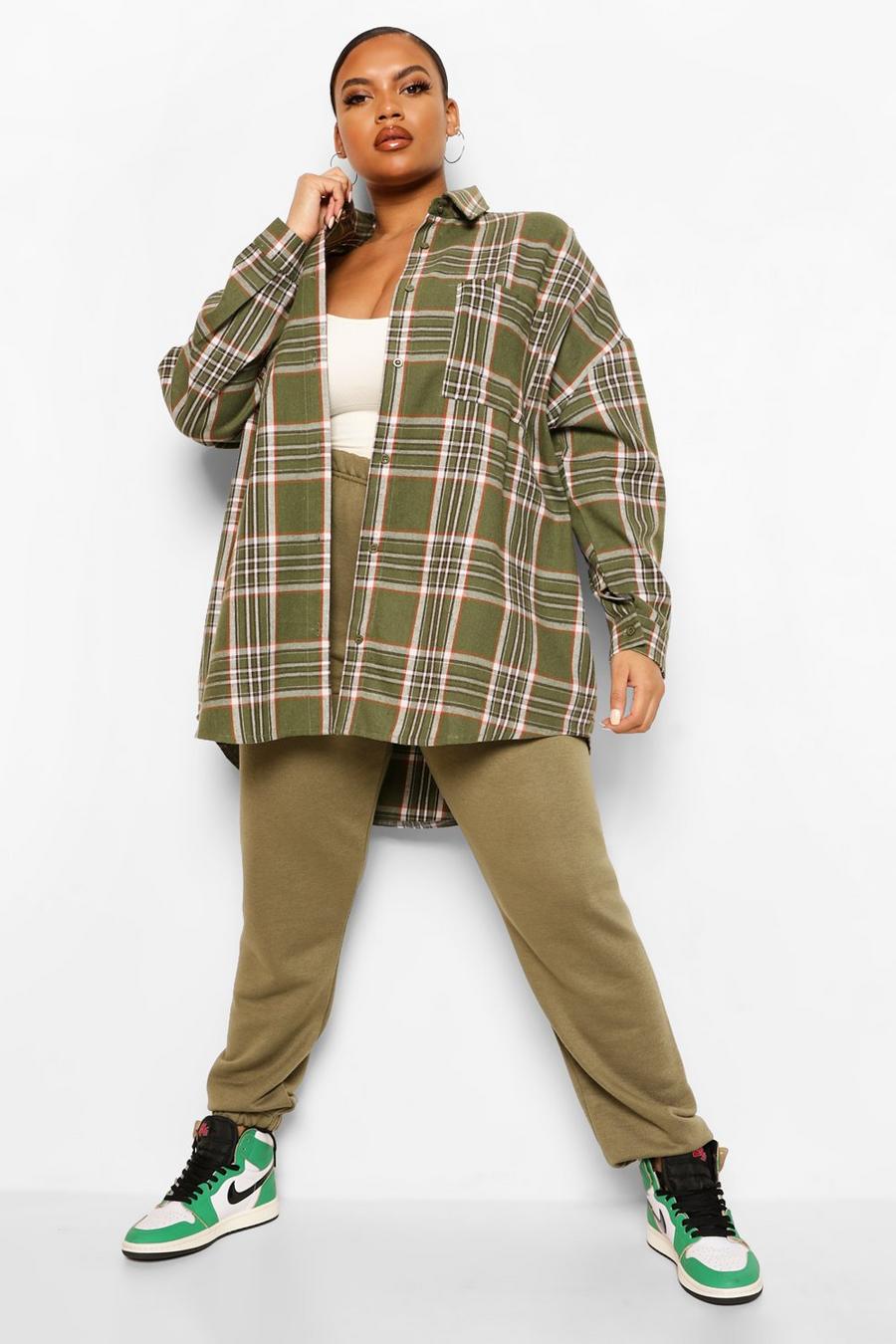 Khaki Plus Flannel Oversized Boyfriend Shirt image number 1