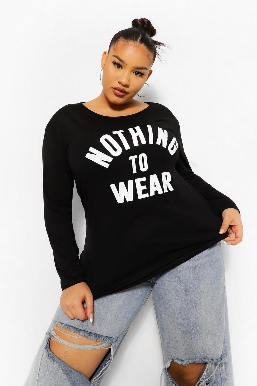 Plus Langärmliges T-Shirt mit Slogan „Nothing To Wear“ , Schwarz image number 1