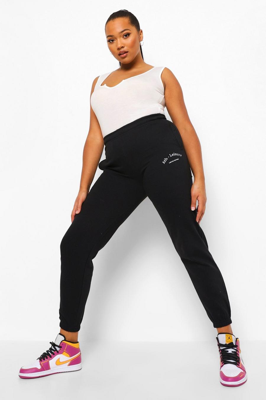 שחור בגדי ספורט נינוחים מכנסי ריצה עם הדפס מידות גדולות image number 1